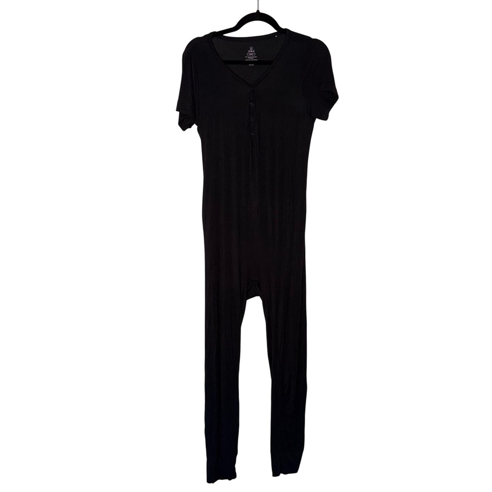The Simple Seed Bamboo Jumpsuit Women Medium Black Excellent Henley Loungewear